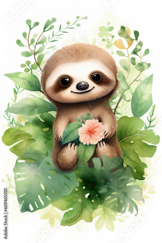  cute green watercolour baby sloth poping out of the bushes, cute baby sloth with colourful flowers, watercolor cartoonish style illustration © Nate