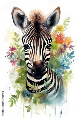 cute green watercolour baby zebra poping out of the bushes  cute baby zebra with colourful flowers  watercolor cartoonish style illustration