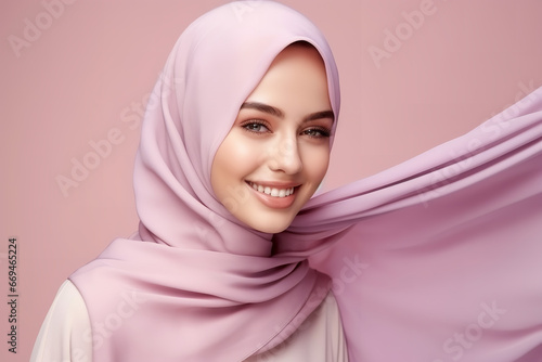  image of a beautiful muslim woman, in the style of light purple and light crimson, joyful and optimistic, minimal retouching, glossy finish