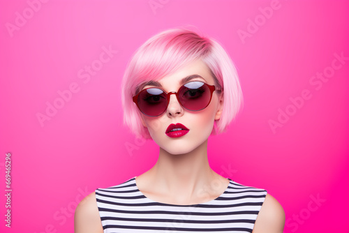 little female young woman posing against pink background,