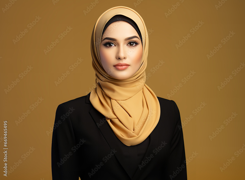 muslim beautiful female business woman isolated on beige background muslim beautiful female business woman isolated on beige background