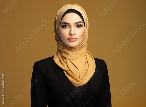 muslim beautiful female business woman isolated on beige background