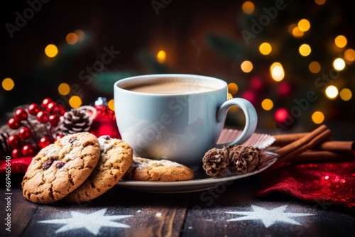 A Warm Coffee Break with Delicious Christmas Cookies, Surrounded by Festive Decorations and the Soft Glow of Holiday Lights