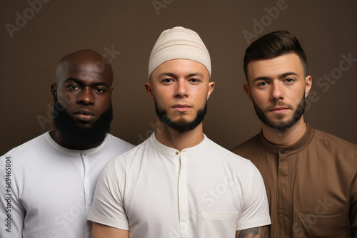 three muslim man standing together looking from the left to the right, in the style of minimal retouching