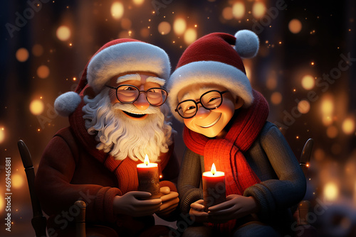 cartoon image of elderly couple in christmas hats wearing winter clothes and smling. Funny and cool image for creative christmas ad campaign