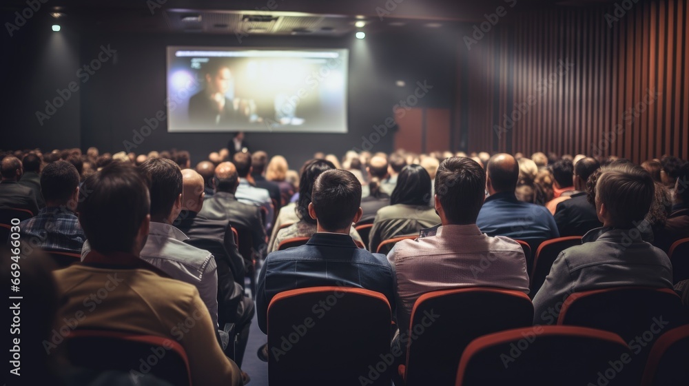 Back view of an audience in a conference hall listening to a seminar with big cinema screen