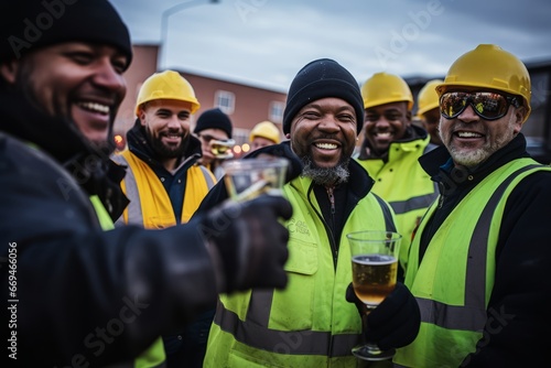 A Group of Diverse Workers in High Visibility Vests Enjoying a Festive Drink Break, Laughing and Toasting to the New Year on a Construction Site