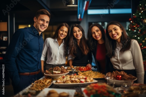 A group of diverse employees joyfully celebrating the New Year with a lavish buffet spread in a festively decorated office environment