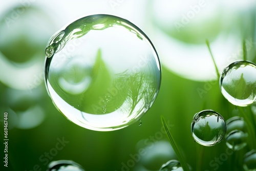 Ball of Clean Water Drops, Transparent Drops Reflecting Plants, Environment Eco Green Abstract, Generative AI photo