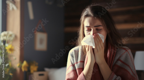 woman sneezing in tissue photo