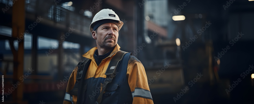 A miner in a working uniform looks to the side. Technologies. Production. A miner in a working uniform looks to the side. Technologies. Production.