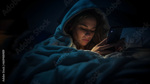 The girl looks at the phone while lying in bed. Dark shades. Phone glow., feeling of loneliness