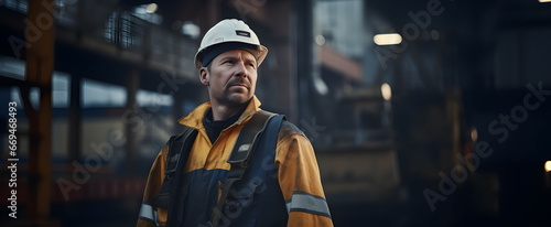 A miner in a working uniform looks to the side. Technologies. Production.