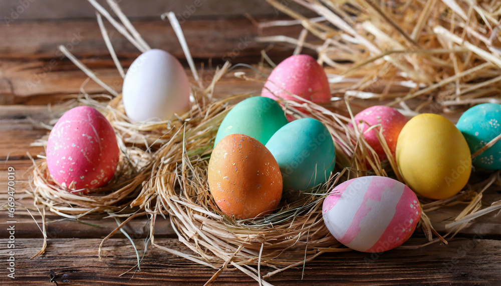 Fototapeta premium Beautiful colorful Easter eggs Easter Day in flat lay