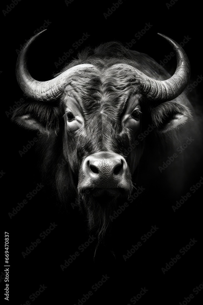 High resolution HD photo portrait of Buffalo, black background, detailed, generative AI High resolution HD photo portrait of Buffalo, black background, detailed, generative AI