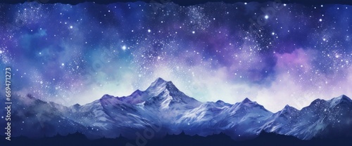 Watercolor night over snowy mountains