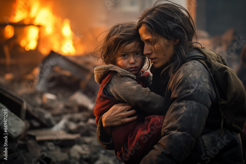 mother hugs her scared kid in despair amid war-torn city with fire flames - harsh realities of conflict