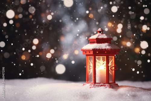 Red Christmas lantern in the snow, blurred background © Guido Amrein