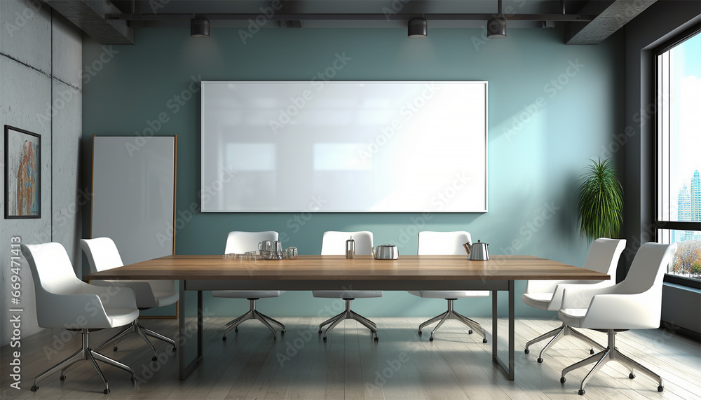 Modern meeting conference room with blank mockup board on wall. Interior of modern office meeting room, large conference table. 3d rendering. Teamwork,business,building,interior concept Modern meeting conference room with blank mockup board on wall. Interior of modern office meeting room, large conference table. 3d rendering. Teamwork,business,building,interior concept