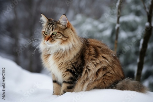 Majestic feline enjoying snowy scenery. Generative AI