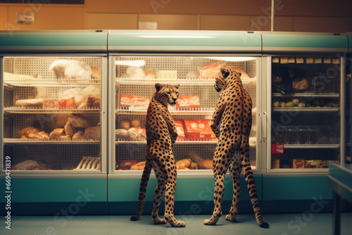 Two hungry leopards stand on two legs in a supermarket in the meat section. They make sure no one is watching them. Abstract composition with animals as people. Funny creative scene.