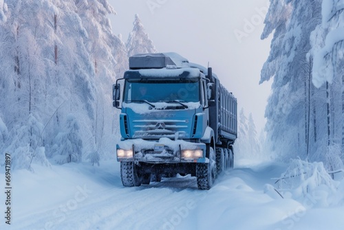 Truck stuck snow Finnish road. Highway trucker. Lorry logistics labor. Driver semi trailer. Large freight vehicle. Generative AI © Eirene