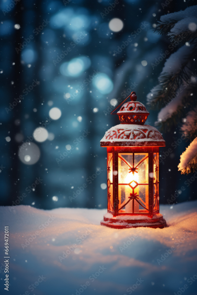 Red Christmas lantern in the snow, blurred background Red Christmas lantern in the snow, blurred background