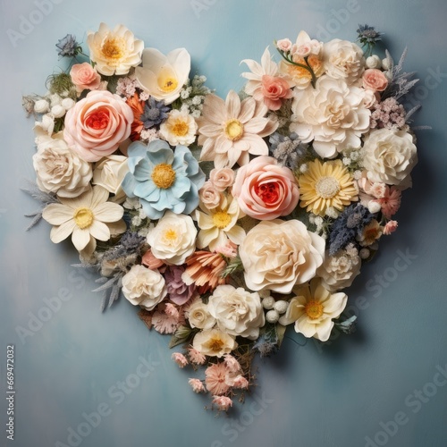 A heart-shaped floral arrangement with pastel-colored flowers