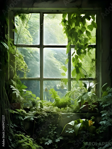 Window with lots of plants. High-resolution
