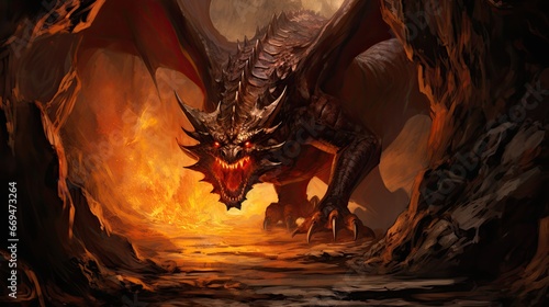 Angry and creepy dragon spewing fire in the cave