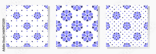 Blue flowers on white dotted background. Vector seamless patterns collection. Best for textile, wallpapers, home decoration, wrapping paper, package and your design.