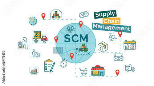 SCM. Supply Chain Management.  Banner with acronyms and icons.Сoncept of logistics of goods supply around the globe. Vector illustration on transparent background.