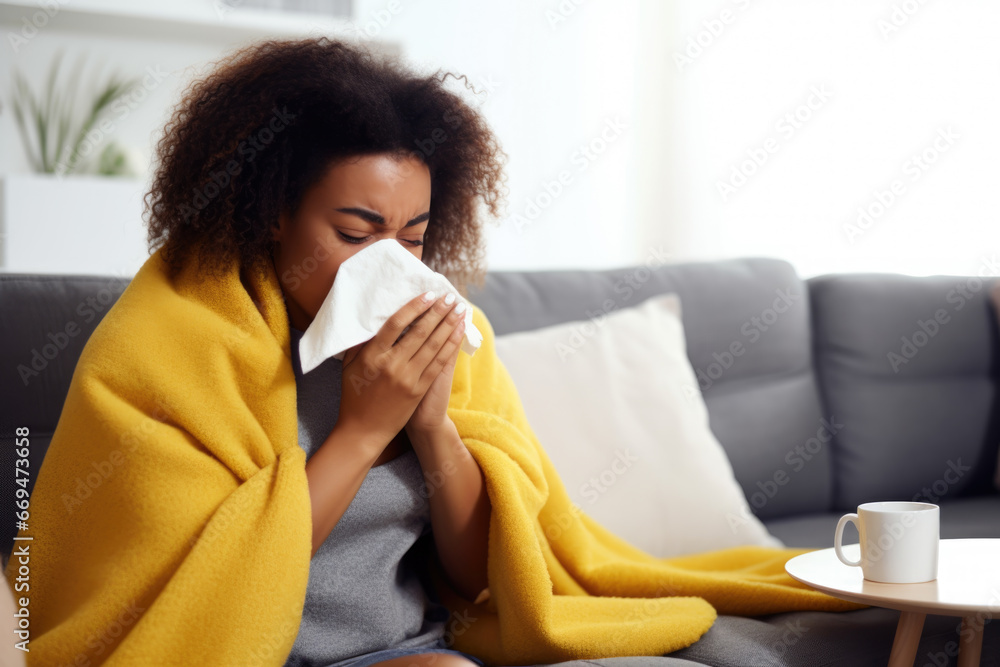 Young black woman wrapped in a yellow blanket, blowing her nose into a white paper tissue, trying to warm up in the cold apartment - obrazy, fototapety, plakaty 
