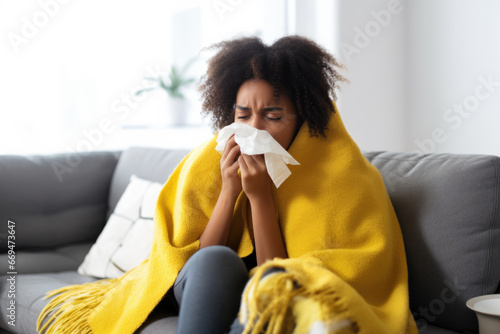 Murais de parede Young black woman wrapped in a yellow blanket, blowing her nose into a white pap