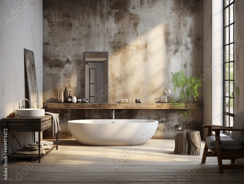 In a loft bathroom  there s a mockup of the interior with white walls  two sinks  concrete floors  and a white tub.