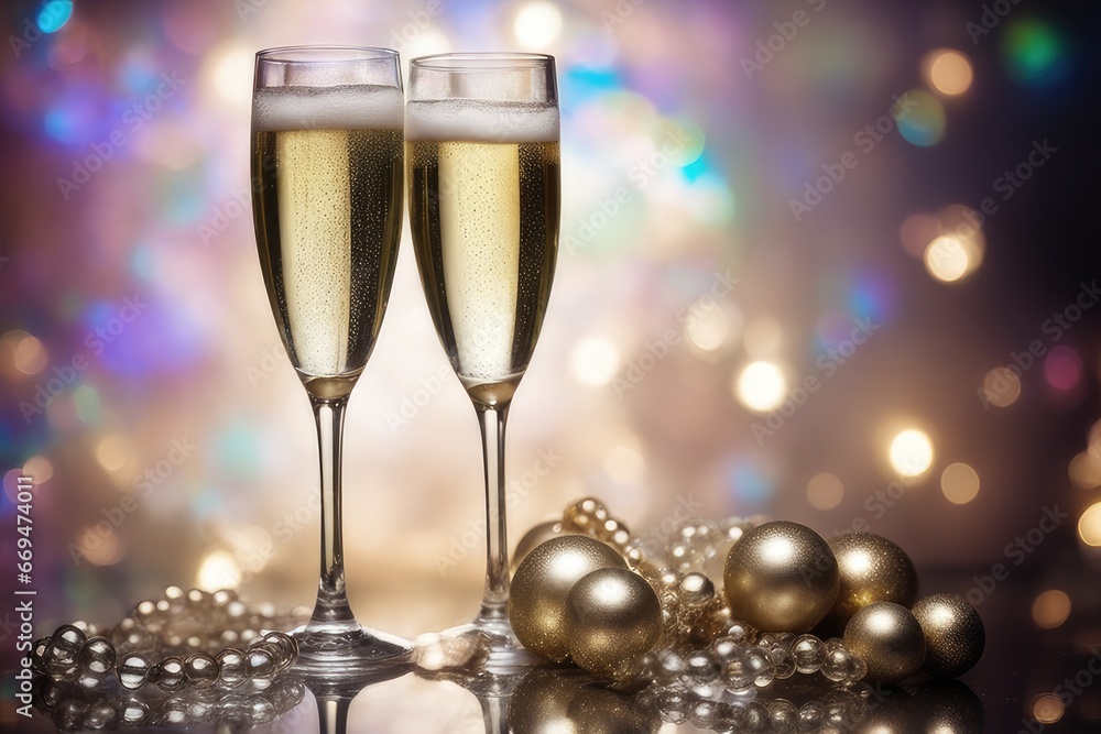 two glasses of champagne with christmas decoration two glasses of champagne with christmas decoration