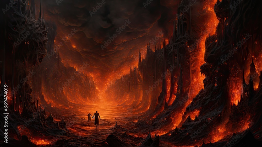 Hell concept, a place regarded in various religions as spiritual realm of evil and suffering, often traditionally depicted as a place of perpetual fire beneath the earth where the wicked - obrazy, fototapety, plakaty 