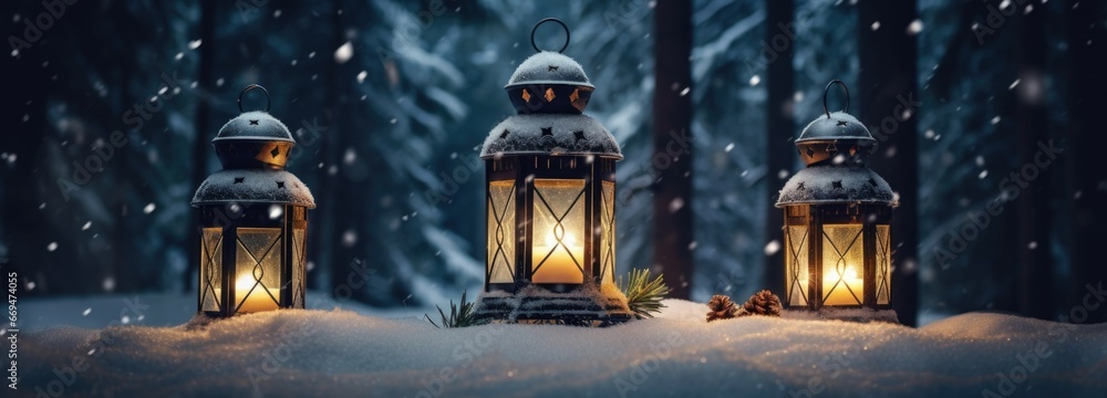 Three Multicolored lanterns with candles on snowy forest background . Christmas concept