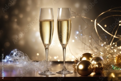 glasses of champagne with christmas decorations