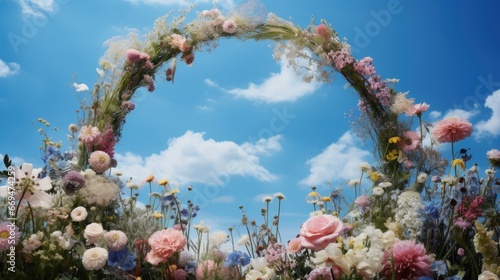 A composition of flowers arranged in a perfect circle, with a background of pastel blue sky and fluffy clouds