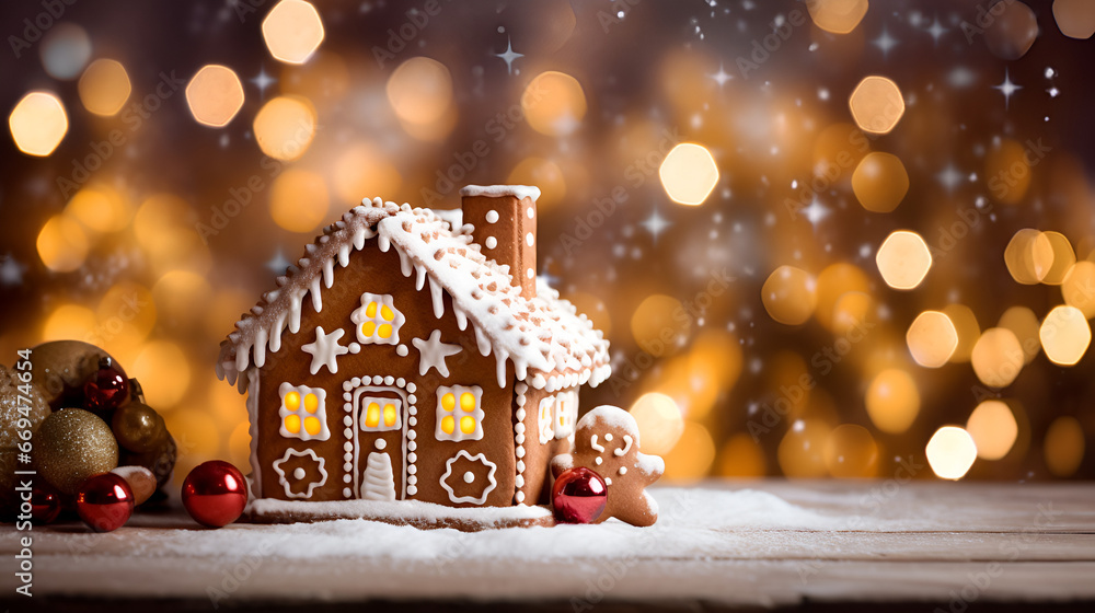 Christmas gingerbread house on a old wooden table on a blurred background of a Christmas market with festive lights Feeling of happiness in a big city