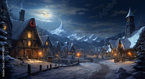Festive winter background with a quaint village scene blanketed in snow © Anna
