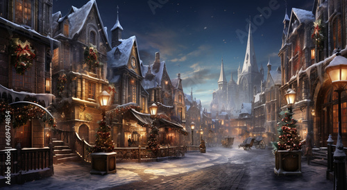 Festive winter background with a quaint village scene blanketed in snow