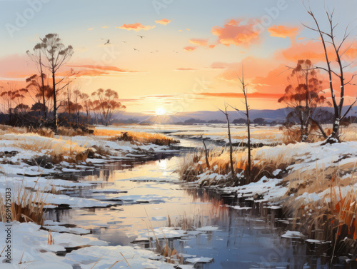 The traditional Eastern brush technique brings winter landscapes to life in paintings.