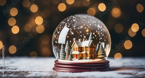 Beautiful snow ball or snowglobe with snowfall and mountain house inside