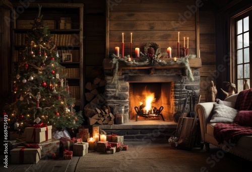 interior christmas. magic tree, fireplace, gifts