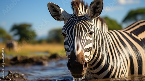 zebra in an african river. black and white. generated with ia