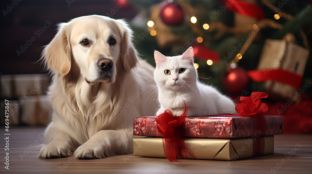 cute cat and dogs on christmas gifts cute cat and dogs on christmas gifts