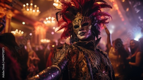 Man Mardi Gras masquerade ball unfolds, grand and opulent ballroom. Guests are elegantly dressed in masks and vibrant costumes, dancing to lively music. Glamour and celebration. generative ai