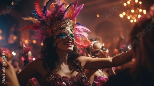 Captivating Mardi Gras masquerade ball unfolds, grand and opulent ballroom. Guests are elegantly dressed in masks and vibrant costumes, dancing to lively music. Glamour and celebration. generative ai